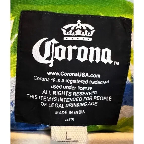 Corona Beer Hawaiian Aloha Short Sleeve Cabana Blue Yellow Shirt Size Large - Picture 4 of 11